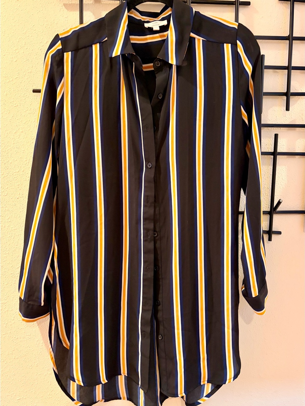 Striped Longline Button-Up Dress Length Shirt - Black, Yellow & Blue